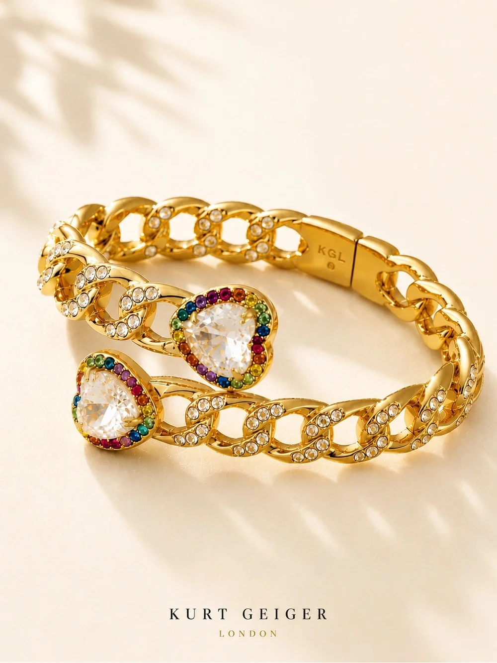 Kurt Geiger London Rainbow Crystal Heart Chain Bangle Gold Tone NWT